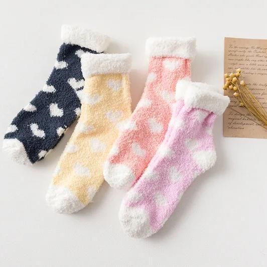 Warm Fuzzy Women Socks Candy Color Cute Heart Pattern Winter Kawaii Thick Fluffy Terry Cute Cotton Socks Christmas Korean Gift